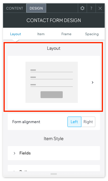 İletişim Formları için Tasarım menüsü widget açıktır. Bir düzen seçmek için okları kullanabileceğiniz bölüm kırmızı ile belirtilmiştir.