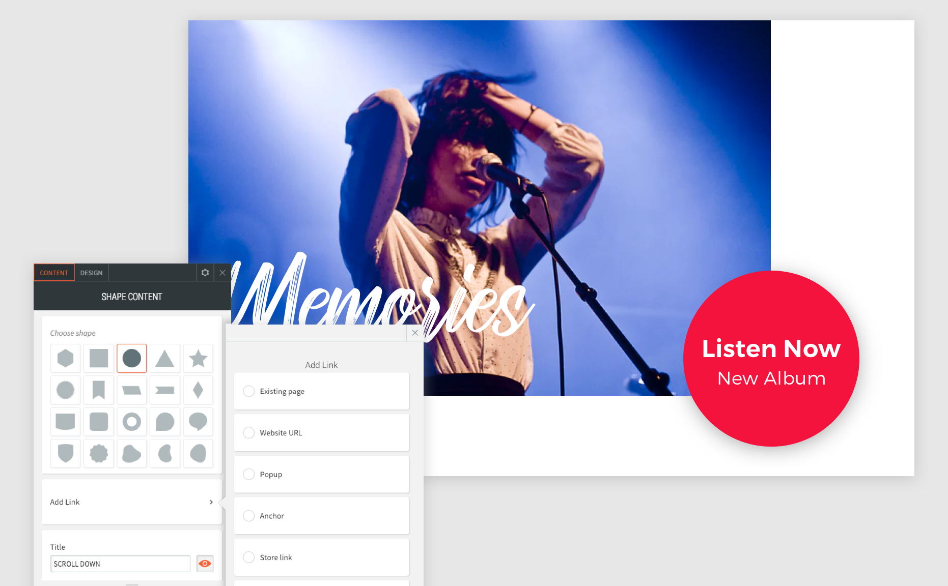El menú contextual del widget de forma está abierto con el círculo seleccionado para mostrar que usted puede usar una forma como un botón
