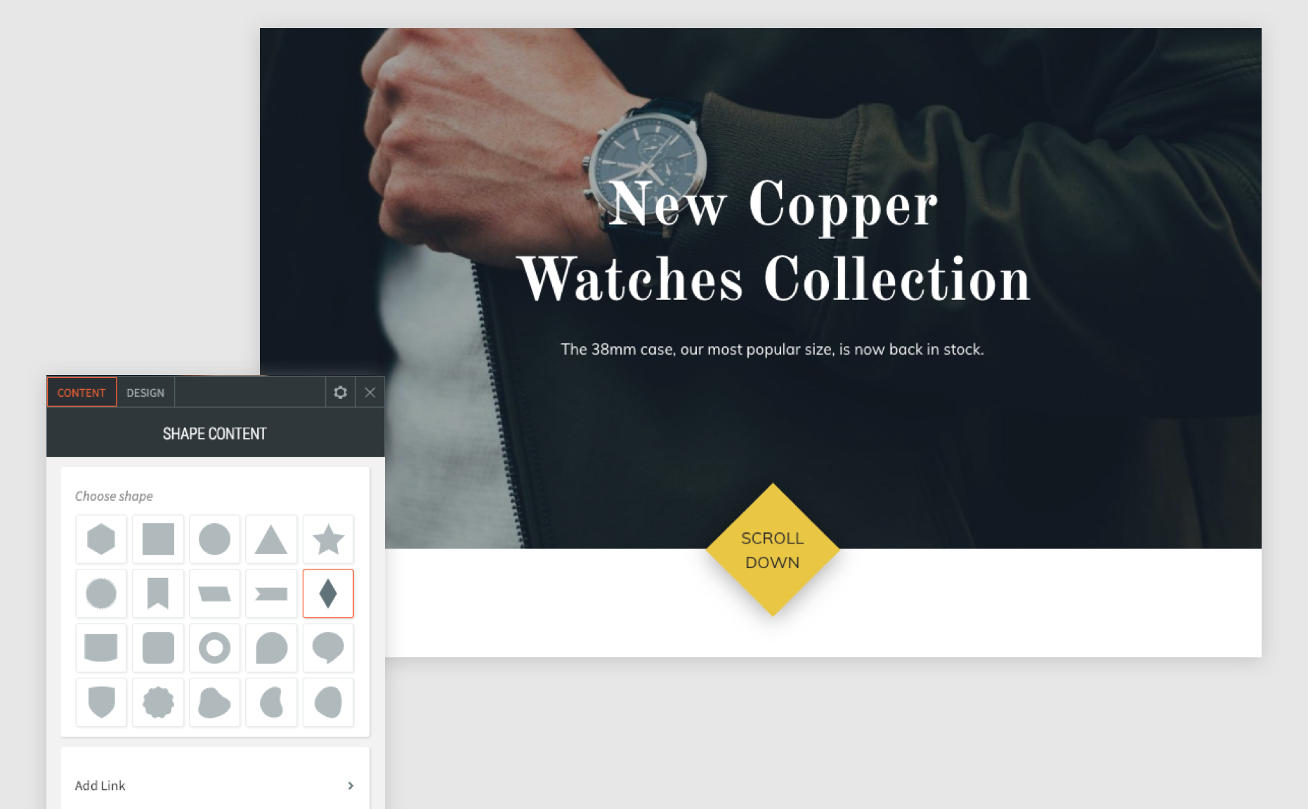 El widget de forma con el menú contextual abierto y la forma de diamante seleccionada para mostrarle que puede usarlo como un botón de desplazamiento