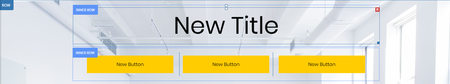 Dos filas y la fila inferior se divide en tres columnas. Cada columna tiene un botón dentro.
