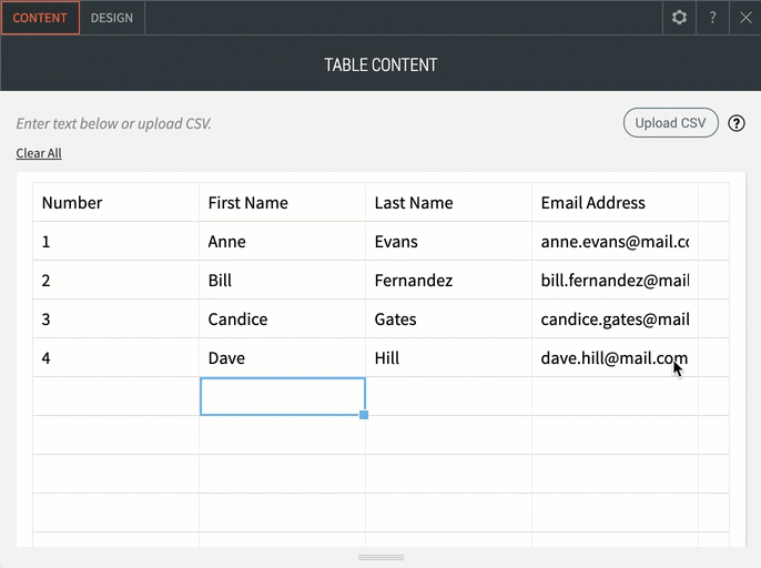 L'onglet Contenu du menu contextuel du widget Tableau est ouvert et affiche le contenu du tableau. Un bouton Télécharger au format CSV dans le coin supérieur droit.
