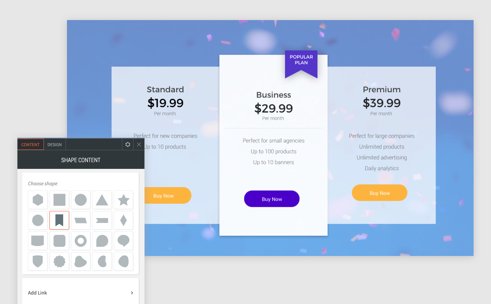 Widget de forme avec le menu contextuel ouvert et la forme du ruban sélectionnée pour vous montrer que vous pouvez utiliser le widget pour afficher des plans