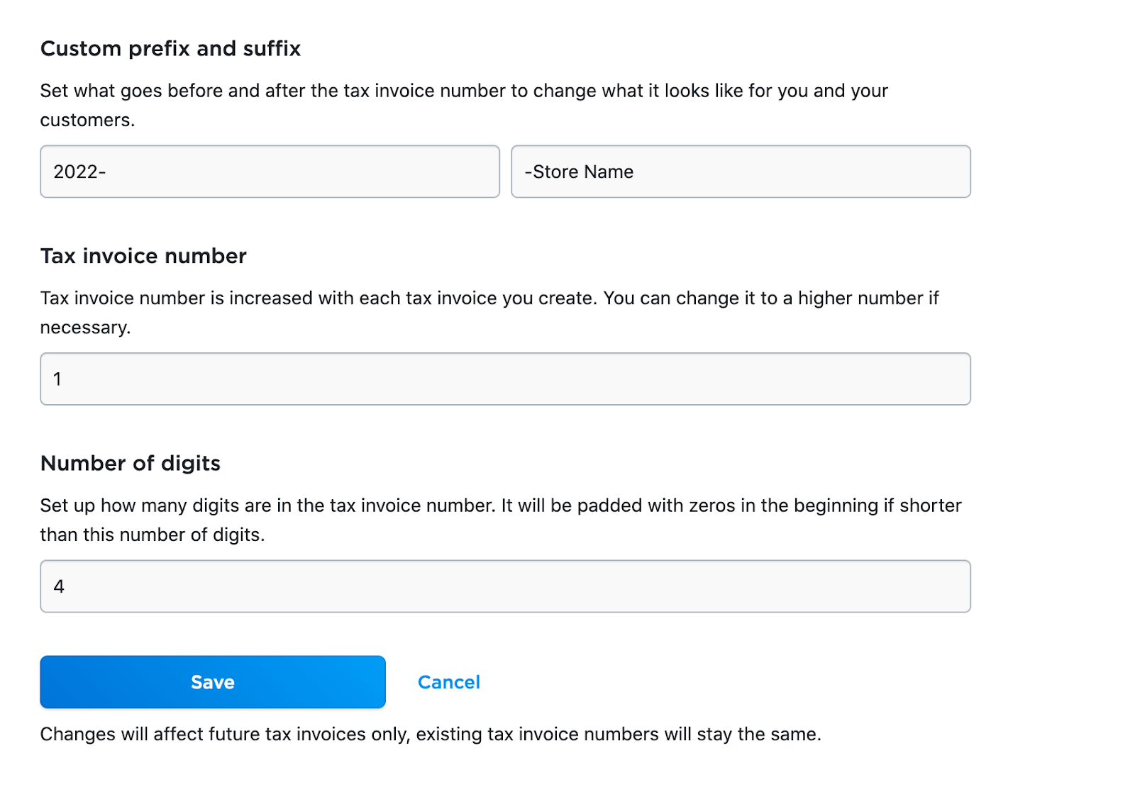 Arrière-plan de page blanc avec des champs gris. Un texte noir apparaît à l'intérieur des champs. Bouton de sauvegarde bleu en bas à gauche.