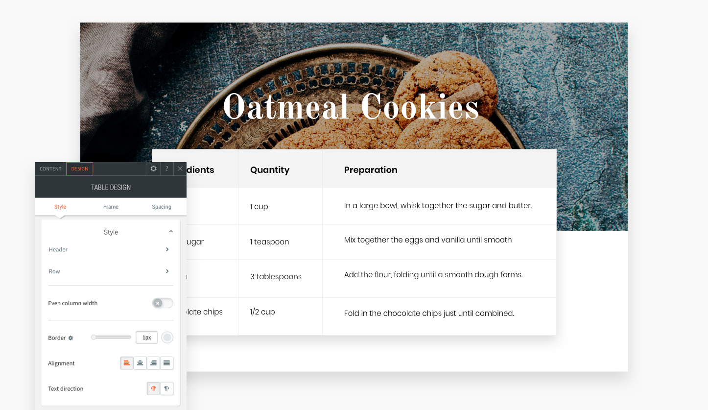 Widget tabella su un sito attivo completato con dati.