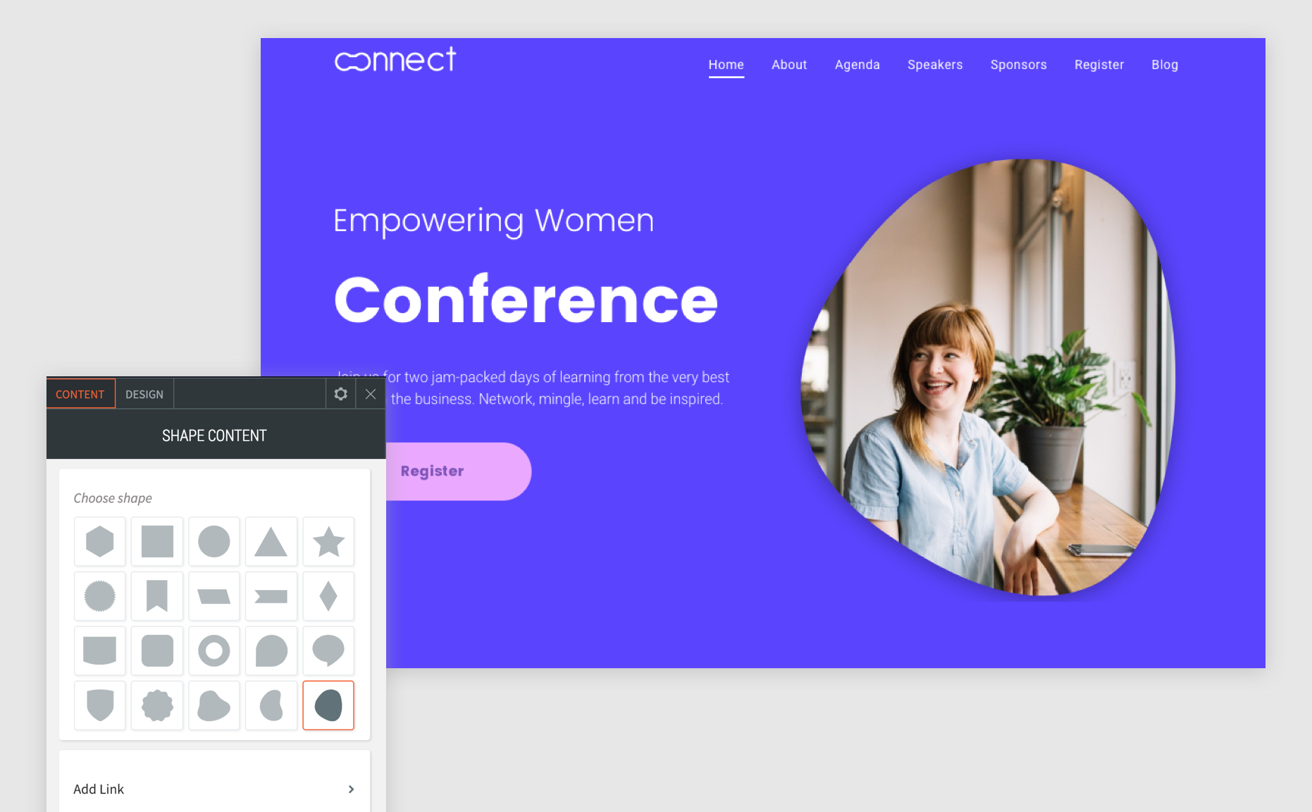 Menu contestuale che visualizza tutte le opzioni di forma per il widget